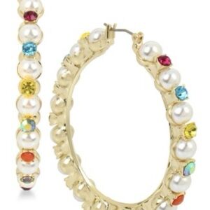 Betsey Johnson Granny Chic Pearl Colorful Stone Hoop Earrings